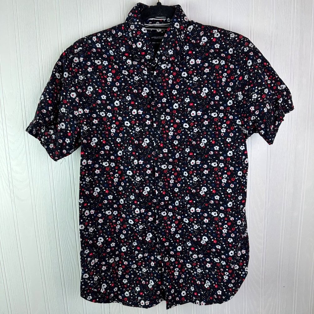 Denim & Flower Short Sleeve Button Down Shirt Floral Print Size Small